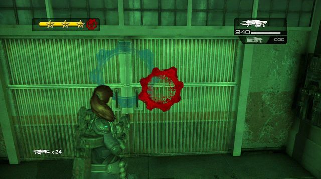 Dalej biegnij korytarzem po lewej stronie, ignorując mijane Tickery/Parszywce, którym dotrzesz do ostatniego pomieszczenia do oczyszczenia - Dziedziniec - Akademia Wojskowa Halvo Bay - Gears of War: Judgment - poradnik do gry