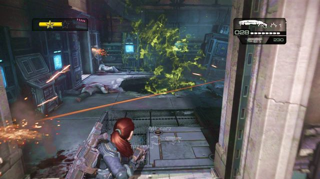 W dalszej części walki, po drugiej stronie pomieszczenie, gdzie na ścianie znajdują się okna, pojawią się kolejni wrogowie (m - Laboratorium B+R - Akademia Wojskowa Halvo Bay - Gears of War: Judgment - poradnik do gry