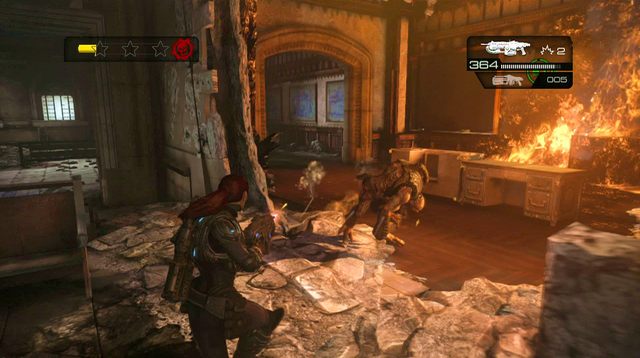 Na szczycie schodów, na prawej ścianie odnajdziesz symbol odtajnionej misji - Pas Monroea - Akademia Wojskowa Halvo Bay - Gears of War: Judgment - poradnik do gry