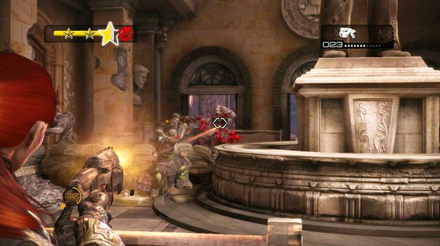 Na ścianie na wprost znajduje się symbol odtajnionej misji - Atrium - Akademia Wojskowa Halvo Bay - Gears of War: Judgment - poradnik do gry