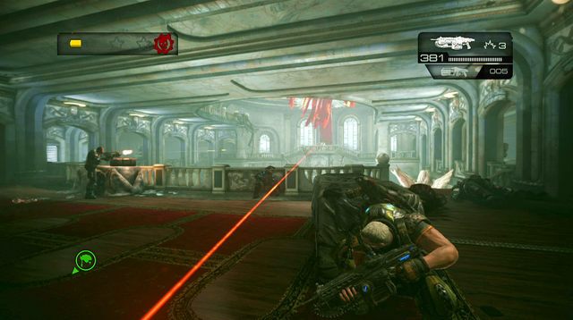 Cały czas musisz pozostawać za jakąś osłoną, ponieważ na balkonie po przeciwnej stronie holu, znajdują się przeciwnicy z Jednostrzałem - Posiadłość Elliotta - Seahorse Hills - Gears of War: Judgment - poradnik do gry