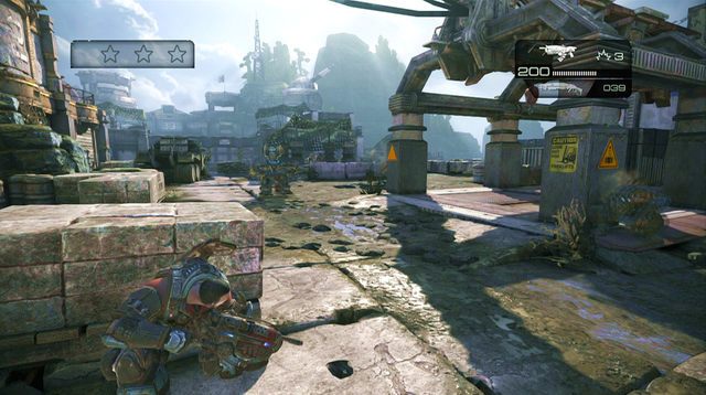 Po przejściu kilku kroków, na ścianie po lewej stronie odnajdziesz symbol odtajnionej misji - Terminal - Onyx Point - Gears of War: Judgment - poradnik do gry