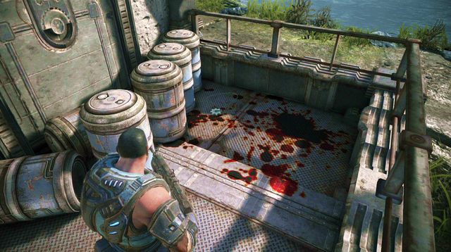 Zaraz po rozpoczęciu misji, wyjdź na zewnątrz tunelu i wejdź po kilku schodach, po lewej stronie - Klify - Onyx Point - Gears of War: Judgment - poradnik do gry