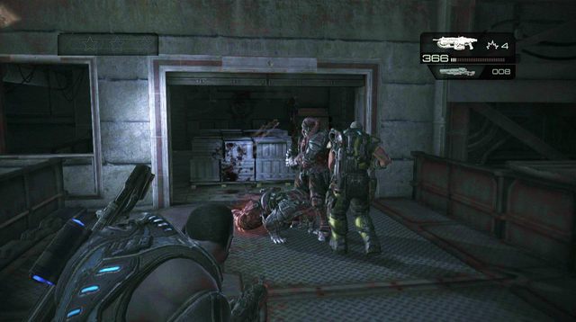 Przed zakrętem, na prawej ścianie znajduje się symbol odtajnionej misji - Baza główna - Onyx Point - Gears of War: Judgment - poradnik do gry