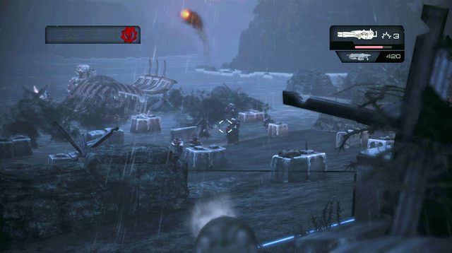 Kiedy nadpłynie pierwszy statek postaraj się zabić jak najwięcej przeciwników, nim zobaczysz wiązkę lasera Jednostrzału - Plaża - Onyx Point - Gears of War: Judgment - poradnik do gry