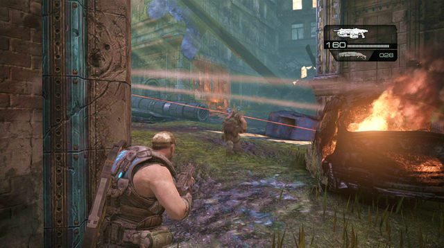 Przed budynkiem, z którego strzelał przeciwnik z Jednostrzałem, skręć w prawo - O krok bliżej - Pokłosie - Gears of War: Judgment - poradnik do gry