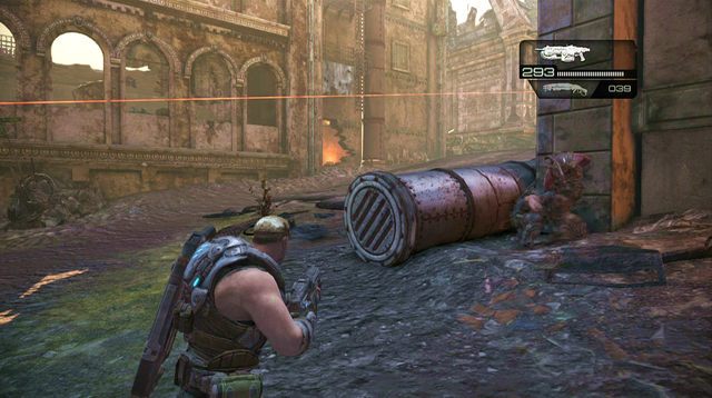 Następnym miejscem, do którego musisz dobiec jest dziura w budynku po drugiej stronie, skąd przybiegłeś wcześniej - O krok bliżej - Pokłosie - Gears of War: Judgment - poradnik do gry