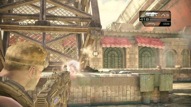 Po zabiciu ostatniego wroga, przestrzel dwie linki przytrzymujące wieżę, po której przejdź na drugi dach - Prosto na górę - Pokłosie - Gears of War: Judgment - poradnik do gry