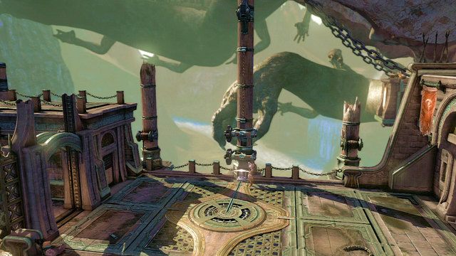 Znajdziesz się na środku areny z dźwignią oznaczoną świecącym na biało łukiem oraz mieczem wbitym w ziemię na prawo od dźwigni - Walka z Cyklopem | God of War Wstąpienie - God of War: Ascension - poradnik do gry