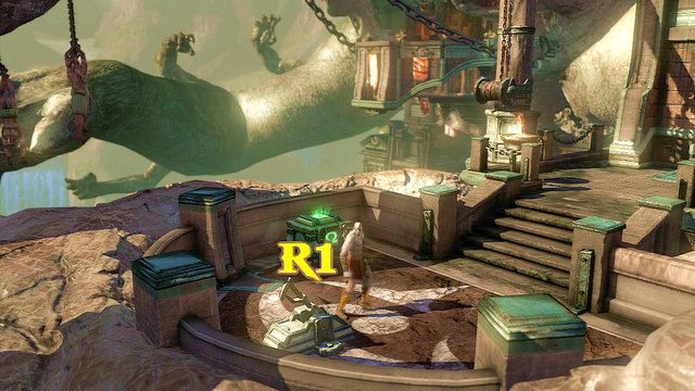 Trafisz tak na zieloną skrzynię oraz kolejną dźwignię - Walka z Cyklopem | God of War Wstąpienie - God of War: Ascension - poradnik do gry