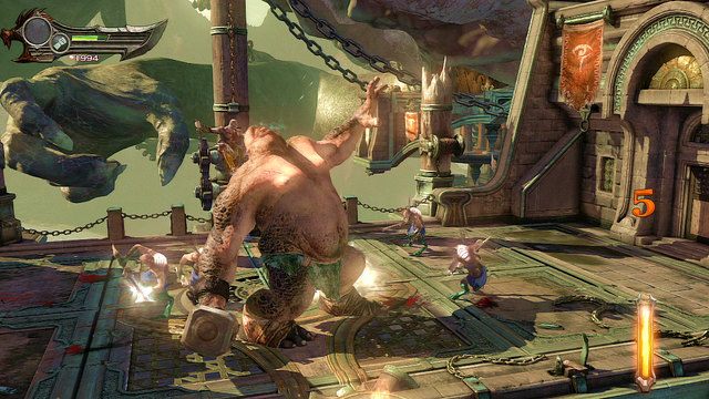 Walka zakończy się, gdy cyklop uklęknie i zostanie oznaczony białym łukiem - Walka z Cyklopem | God of War Wstąpienie - God of War: Ascension - poradnik do gry