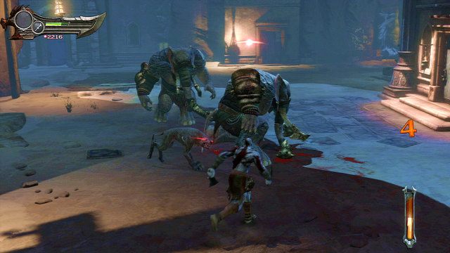 Gdy czarny dym zasłoni ci dalszą drogę zostaniesz zaatakowany przez olbrzyma z głową słonia oraz demoniczne psy - Początek wioski (1) - God of War: Ascension - poradnik do gry