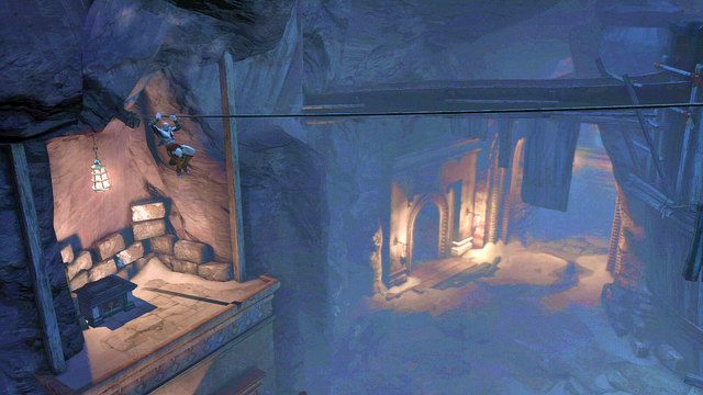 Wróć teraz do lektyki i skorzystaj z niej by wyskoczyć na podest z czerwoną skrzynią - Początek wioski (2) - God of War: Ascension - poradnik do gry