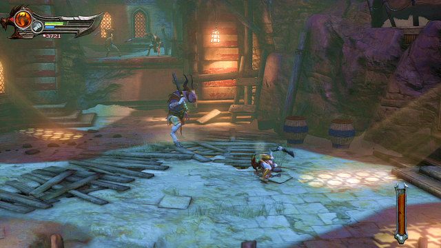 Zaatakowany zostaniesz przez większego kozłoluda wraz z kilkoma mniejszymi kozłami - Ogień Aresa i młyńskie koło - God of War: Ascension - poradnik do gry