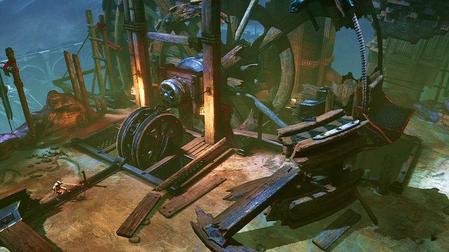 Wróć przed koło młyńskie i odszukaj dźwignię, następnie przeciągnij ją do samego końca - Ogień Aresa i młyńskie koło - God of War: Ascension - poradnik do gry