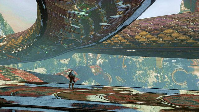 Dojdziesz tak do żółtego węża, pod którym świecą się na zielono punkty do zaczepienia - Czerwony wąż | God of War Wstąpienie - God of War: Ascension - poradnik do gry