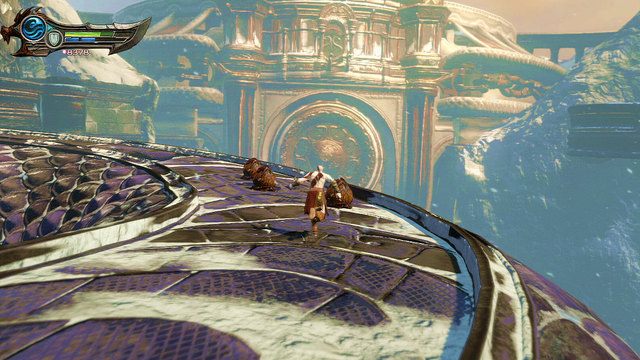 Ponownie stojąc na fioletowym wężu rozpraw się z wylęgarniami, wskocz do jego wnętrza i na koniec zjeżdżalni wykonaj skok i chwyt - 8 Trzewia Pytona,Brzuch Pytona | Opis przejścia | God of War Wstąpienie - God of War: Ascension - poradnik do gry