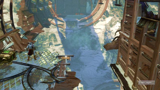 Po wspięciu się na krótką ściankę zbierz z migającej skrzyni życie lub manę i podnieś Wpis w dzienniku poszukiwacza wyroczni znajdujący się tuż przed skrzynią - 8 Trzewia Pytona,Brzuch Pytona | Opis przejścia | God of War Wstąpienie - God of War: Ascension - poradnik do gry