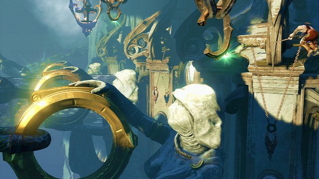 Zignoruj wtedy niedobitych przeciwników, skocz w lewo i złap się okrągłego ogniwa łańcucha - Przejażdżka fioletowym pytonem | God of War Wstąpienie - God of War: Ascension - poradnik do gry