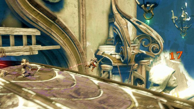 Walcząc ponownie z kozłoludami dotrzesz do wąskiego tunelu i zielonego punktu po prawej oznaczającego ogniwo - Przejażdżka fioletowym pytonem | God of War Wstąpienie - God of War: Ascension - poradnik do gry