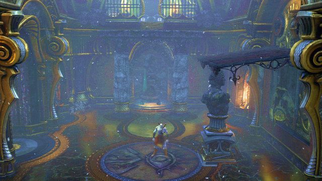 Gdy pomnik będzie już na swoim miejscu zaciągnij się gazem by znaleźć się w skorodowanej rzeczywistości - Zagadki z posągami i droga do katakumb | God of War Wstąpienie - God of War: Ascension - poradnik do gry