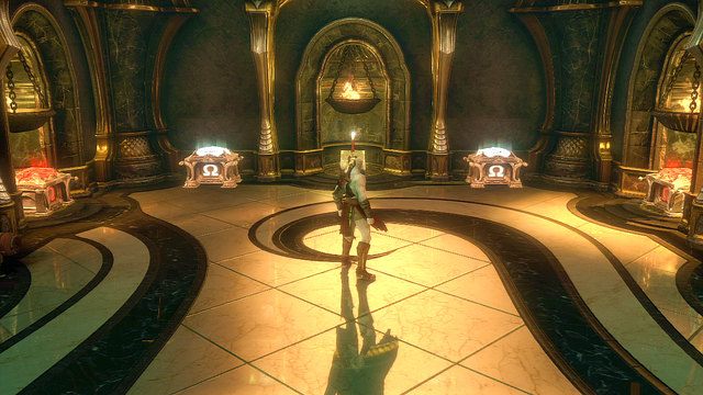 Gdy czas wróci do normy, brama za tobą opadnie a ta przed tobą uniesie się otwierając ci przejście do pomieszczenia ze skrzyniami - Zagadki z posągami i droga do katakumb | God of War Wstąpienie - God of War: Ascension - poradnik do gry