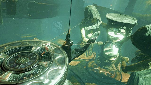 Wróć do głównej sali i przestaw lekko posąg w stronę klepsydry (tak by można z niego wskoczyć na żyrandol, gdy ten opadnie) - Biała klepsydra | God of War Wstąpienie - God of War: Ascension - poradnik do gry