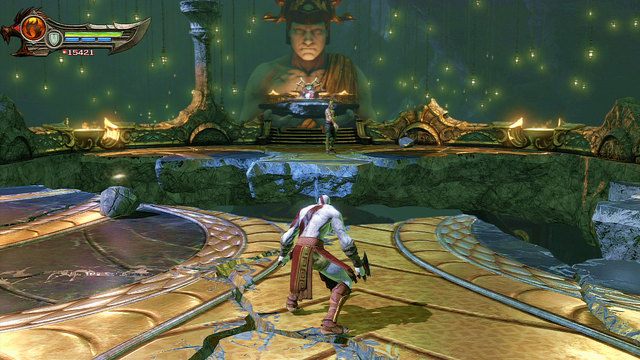 Stojąc naprzeciwko Kastora złap za głaz po lewej i rzuć nim w przeciwnika - 12 - Komnata Wyroczni (1) | Opis przejścia | God of War Wstąpienie - God of War: Ascension - poradnik do gry