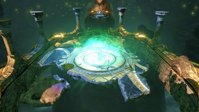 Gdy wystarczająco zdenerwujesz bossa otoczy się on barierą i zacznie niszczyć podłoże - 12 - Komnata Wyroczni (1) | Opis przejścia | God of War Wstąpienie - God of War: Ascension - poradnik do gry