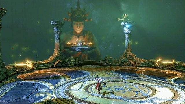 Gdy ponownie rozgniewasz bossa, odbuduje on zniszczone kolumny i zacznie cię z nich ostrzeliwać pociskami rozkładu - 12 - Komnata Wyroczni (1) | Opis przejścia | God of War Wstąpienie - God of War: Ascension - poradnik do gry