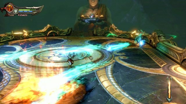 Strzały bossa blokuj i unikaj tak by zbliżyć się do przeciwnika - 12 - Komnata Wyroczni (2) | Opis przejścia | God of War Wstąpienie - God of War: Ascension - poradnik do gry