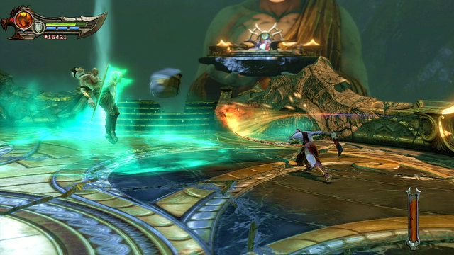 Po tym jak wróci podłoga, a wraz z nią kolumny, boss otoczy się polem spowalniającym - 12 - Komnata Wyroczni (2) | Opis przejścia | God of War Wstąpienie - God of War: Ascension - poradnik do gry