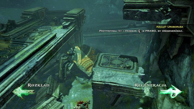 Ze zwłok Kastora zbierzesz Amulet Uroborusa pozwalający ci na rozkład i regenerację przedmiotów (niektórych) - 13 - Przejście do Delf | Opis przejścia | God of War Wstąpienie - God of War: Ascension - poradnik do gry