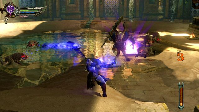 Po zeskoczeniu w dół rozpraw się z większym kozłoludem i grupą psów - 14 - Zbiornik - Ponownie | Opis przejścia | God of War Wstąpienie - God of War: Ascension - poradnik do gry