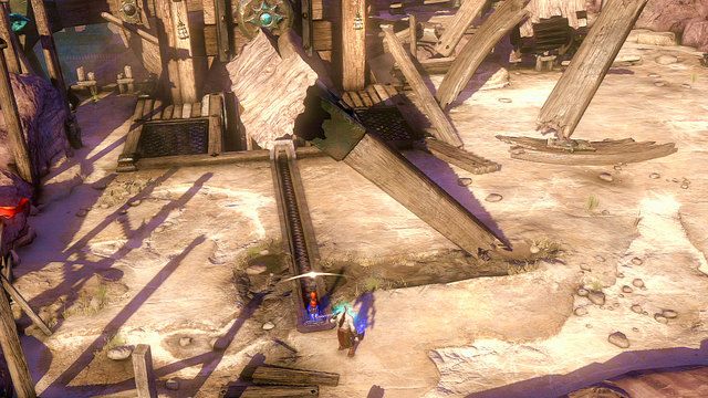 Następnie przeciągnij dźwignię do końca i użyj amuletu na belce by z powrotem opadła na ziemię blokując w ten sposób dźwignię w jej maksymalnym położeniu (tak by nie wróciła do koła młyńskiego) - 14 - Zbiornik - Ponownie | Opis przejścia | God of War Wstąpienie - God of War: Ascension - poradnik do gry