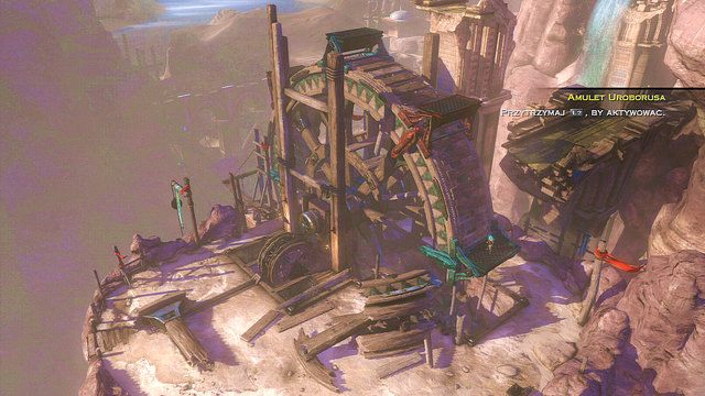 Wyskocz teraz na zieloną łopatę koła młyńskiego i użyj amuletu by je w pełni zregenerować - 14 - Zbiornik - Ponownie | Opis przejścia | God of War Wstąpienie - God of War: Ascension - poradnik do gry