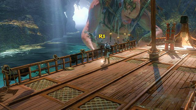 Wejdź no pokład statku przycumowanego tuż obok, jeżeli chcesz dowiedzieć się więcej o zarządcy portu, a następnie wróć do wejścia do portu - 15 - Grota | Opis przejścia | God of War Wstąpienie - God of War: Ascension - poradnik do gry