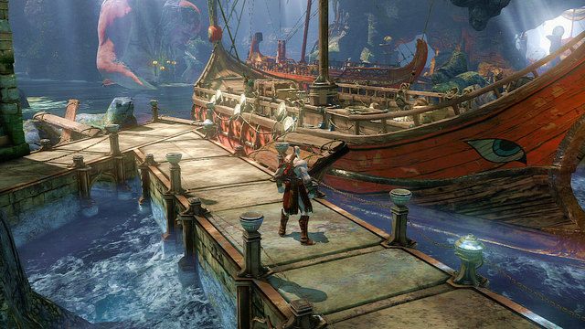 Możesz teraz wejść na statek i zakończyć rozdział, trafisz na niego wybierając pominiętą wcześniej ścieżkę lub udając się od białych skrzyń w prawo - 15 - Grota | Opis przejścia | God of War Wstąpienie - God of War: Ascension - poradnik do gry