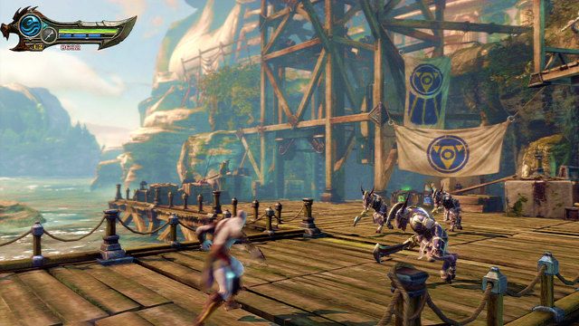 Pobiegnij po pomoście w stronę wyspy by natkać się na grupę kozłoludów odzianych w zbroje - Droga do posągu | God of War Wstąpienie - God of War: Ascension - poradnik do gry