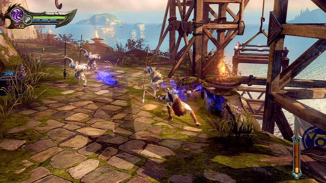 Po przestawieniu dźwigni znajdującej się we wnętrzu windy wyjedziesz na górę i staniesz do walki z grupą kozłoludów - Droga do posągu | God of War Wstąpienie - God of War: Ascension - poradnik do gry