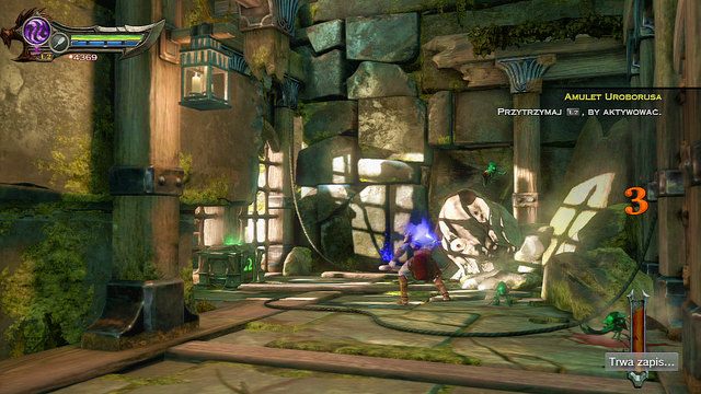 W niewielkim pomieszczeniu przed tobą rozpraw się z pasożytami, otwórz zieloną skrzynię i wskocz na ścinkę - Wnętrze posągu | God of War Wstąpienie - God of War: Ascension - poradnik do gry
