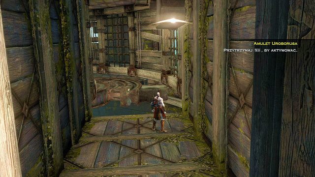 Idąc kawałek dalej podejdź do przepaści i łapiąc za biały łuk wpraw koła zębate w ruch - Zniszczona głowa | God of War Wstąpienie - God of War: Ascension - poradnik do gry