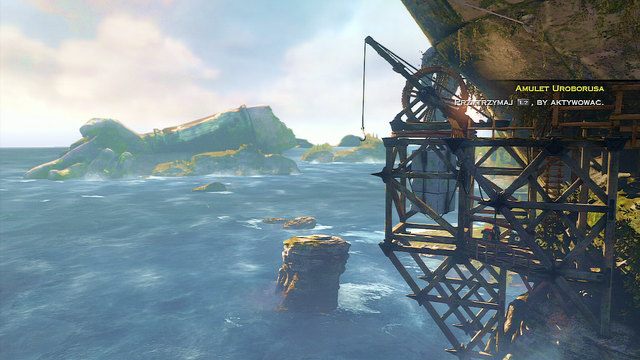 Zeskocz przy niej w dół i udaj się w lewo by odnaleźć czerwoną oraz białą skrzynię - Zniszczona głowa | God of War Wstąpienie - God of War: Ascension - poradnik do gry