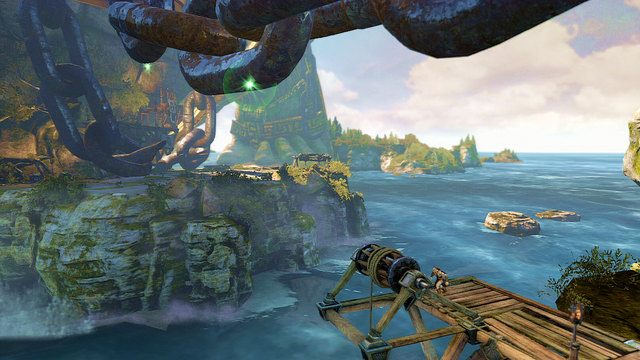 Po wyjściu na zewnątrz podejdź kawałek w lewo i przeskocz na drugi brzeg chwytając się olbrzymiego łańcucha - 21 - Przedramię Apollona (2) | Opis przejścia | God of War Wstąpienie - God of War: Ascension - poradnik do gry