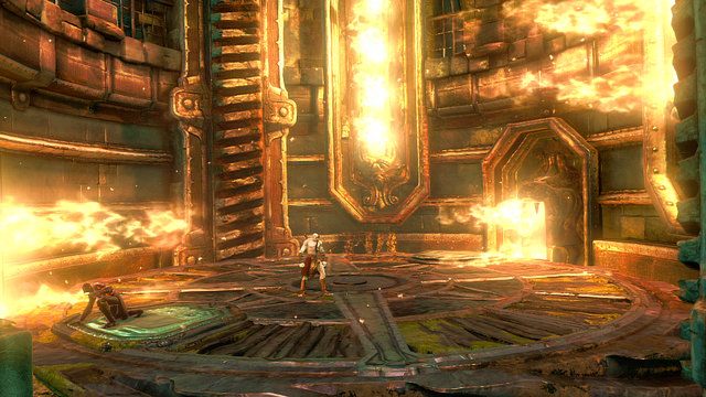 Udaj się teraz w lewo i wejdź do okrągłej windy z płomieniami na ścianach - 21 - Przedramię Apollona (2) | Opis przejścia | God of War Wstąpienie - God of War: Ascension - poradnik do gry