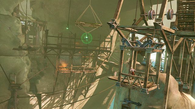 Po dotarciu na podwieszaną windę staniesz przed hakami oznaczonymi zielonym rozbłyskiem - 22 - Żebra Apollona | Opis przejścia | God of War Wstąpienie - God of War: Ascension - poradnik do gry