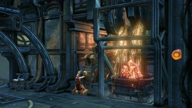 Przejdź przez bramę, złap za podest z węglem i przesuń go do wnęki gdzie niedawno sypały się iskry - Rozpalanie pieca | God of War Wstąpienie - God of War: Ascension - poradnik do gry