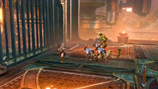 Przejdź teraz do komnaty obok by stanąć do walki z meduzą i grupą opancerzonych kozłoludów uzbrojonych w proce - Droga na szczyt pieca | God of War Wstąpienie - God of War: Ascension - poradnik do gry