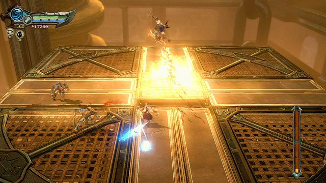 Podłoga, na której stoisz zamieni się w windę i wyjedziesz kawałek w górę - 25 - Piec - Ponownie | Opis przejścia | God of War Wstąpienie - God of War: Ascension - poradnik do gry