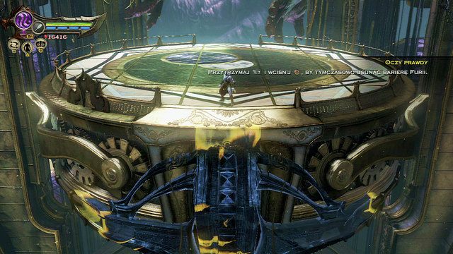 Gdy winda się zatrzyma podejdź do krawędzi najbliżej ekranu i użyj oczu prawdy by usunąć magiczną blokadę Furii - 28 - Wyzwanie Archimedesa (1) | Opis przejścia | God of War Wstąpienie - God of War: Ascension - poradnik do gry